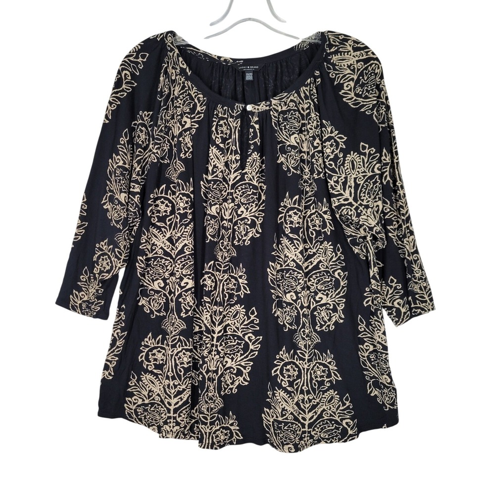 Lucky Brand Peasant Blouse Women 2X Black Damask Print 3/4 Sleeve Keyhole Top